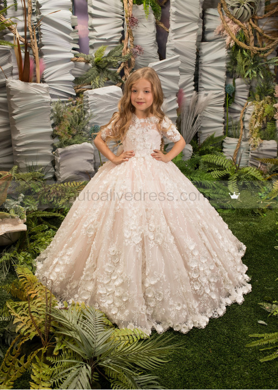 Ivory Lace Tulle Flower Girl Dress With Blush Pink Lining